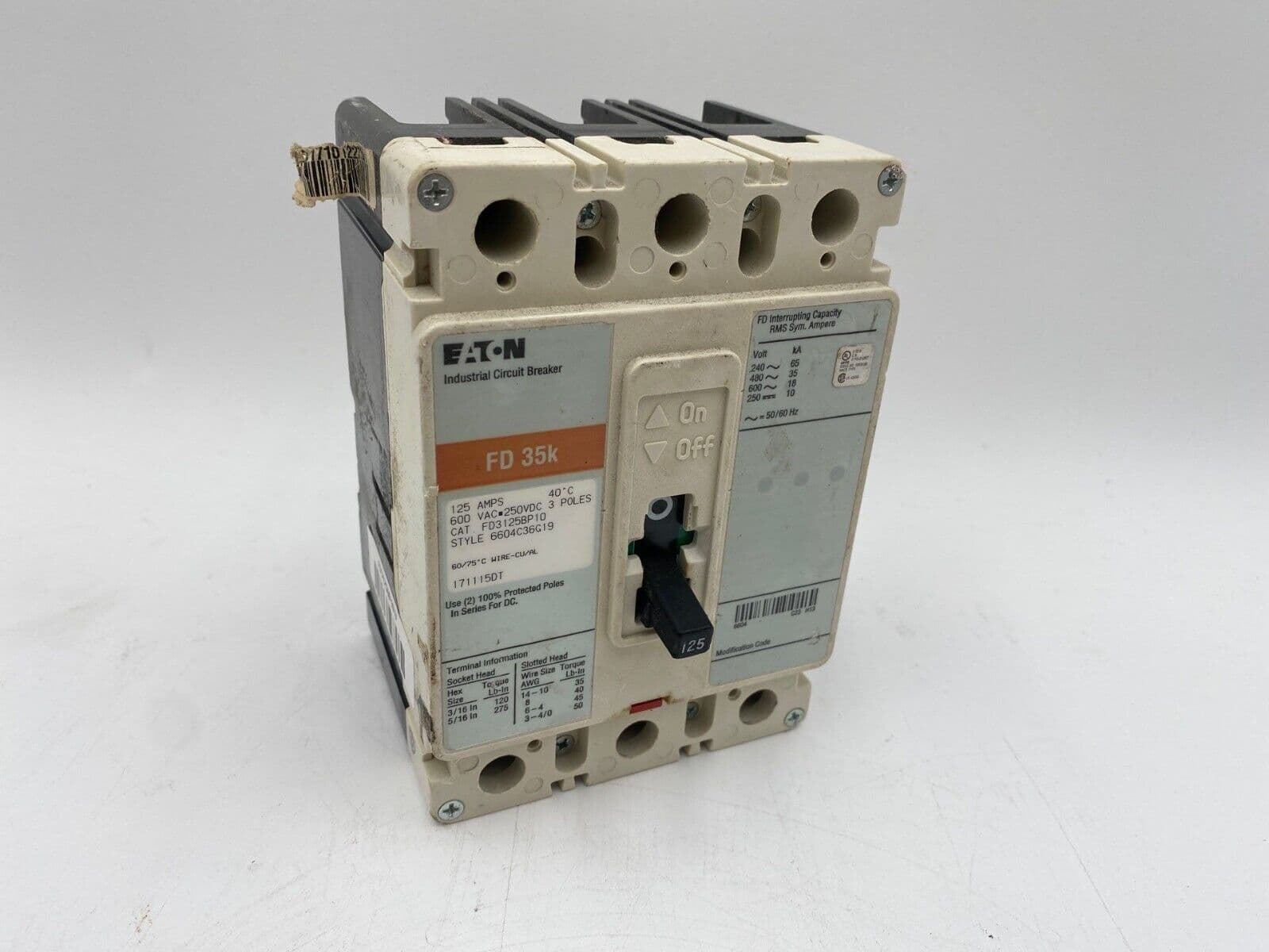 Eaton FD3125BP10 Circuit Breaker 125A 3P 600V 3PH FD Bolt On 125 Amp – image 1