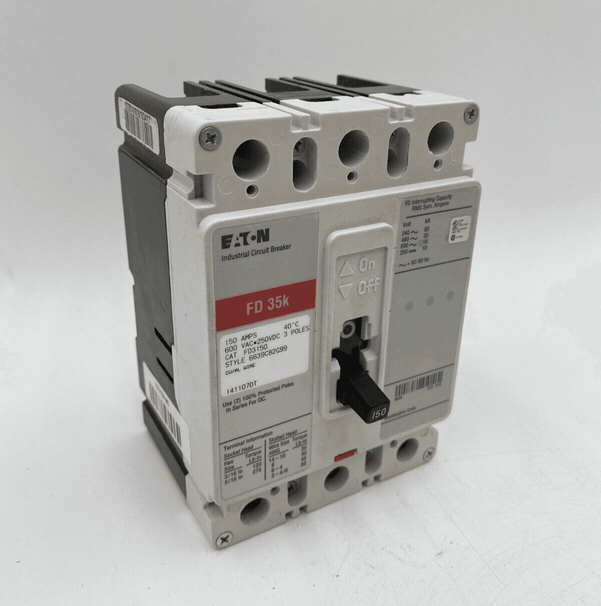 Eaton FD3150 Circuit Breaker 150A 3P 600V 3PH FD 35K 150 Amp 3 Pole Bolt On – image 1