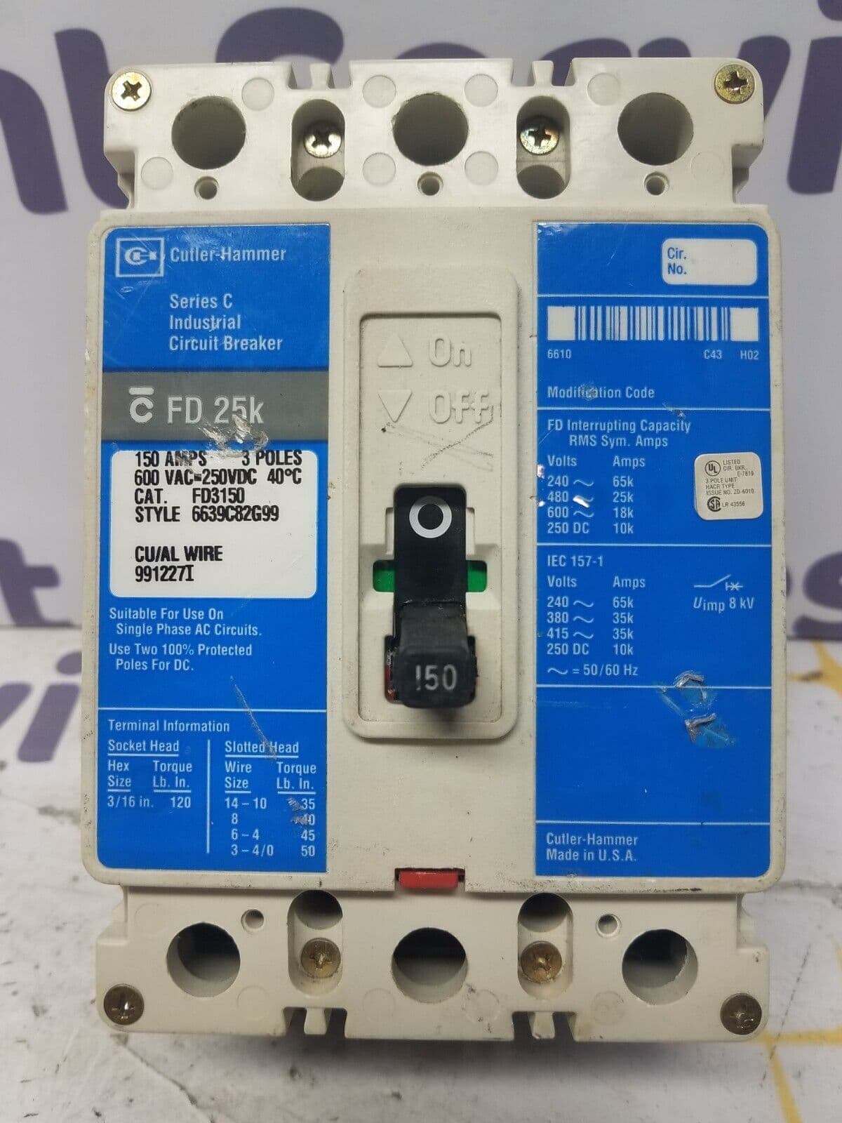 Cutler Hammer FD3150 Circuit Breaker 150A 3P 600V FD 25k 3 pole 150 Amp