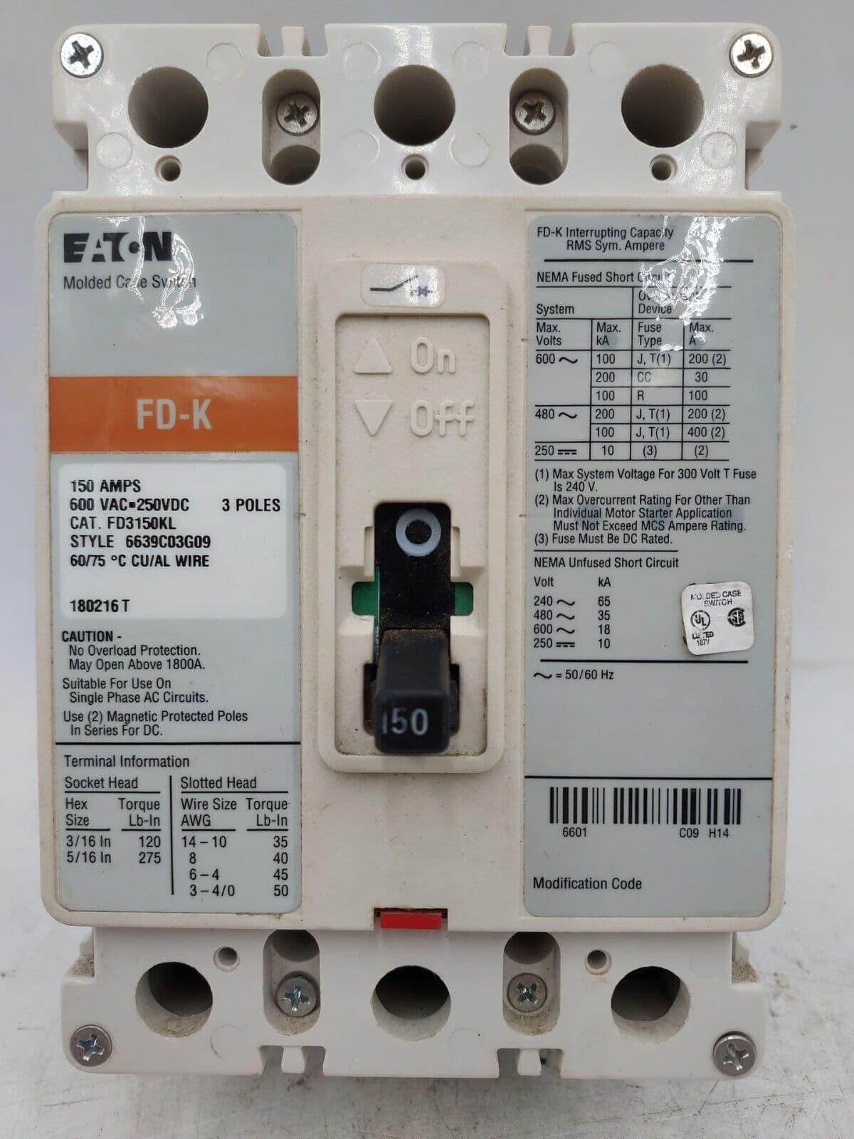 Eaton FD3150KL Circuit Breaker 150A 3P 600V FD-K 150 Amp 3 POLES BOLT ON – image 1
