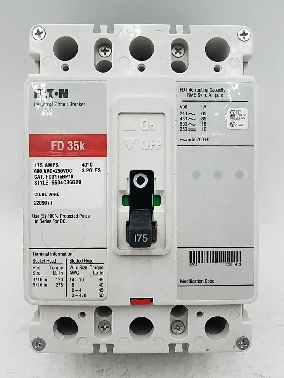 Eaton FD3175 Circuit Breaker 175A 3P 600V 3PH FD 35k 175 Amp 3 Pole – image 1
