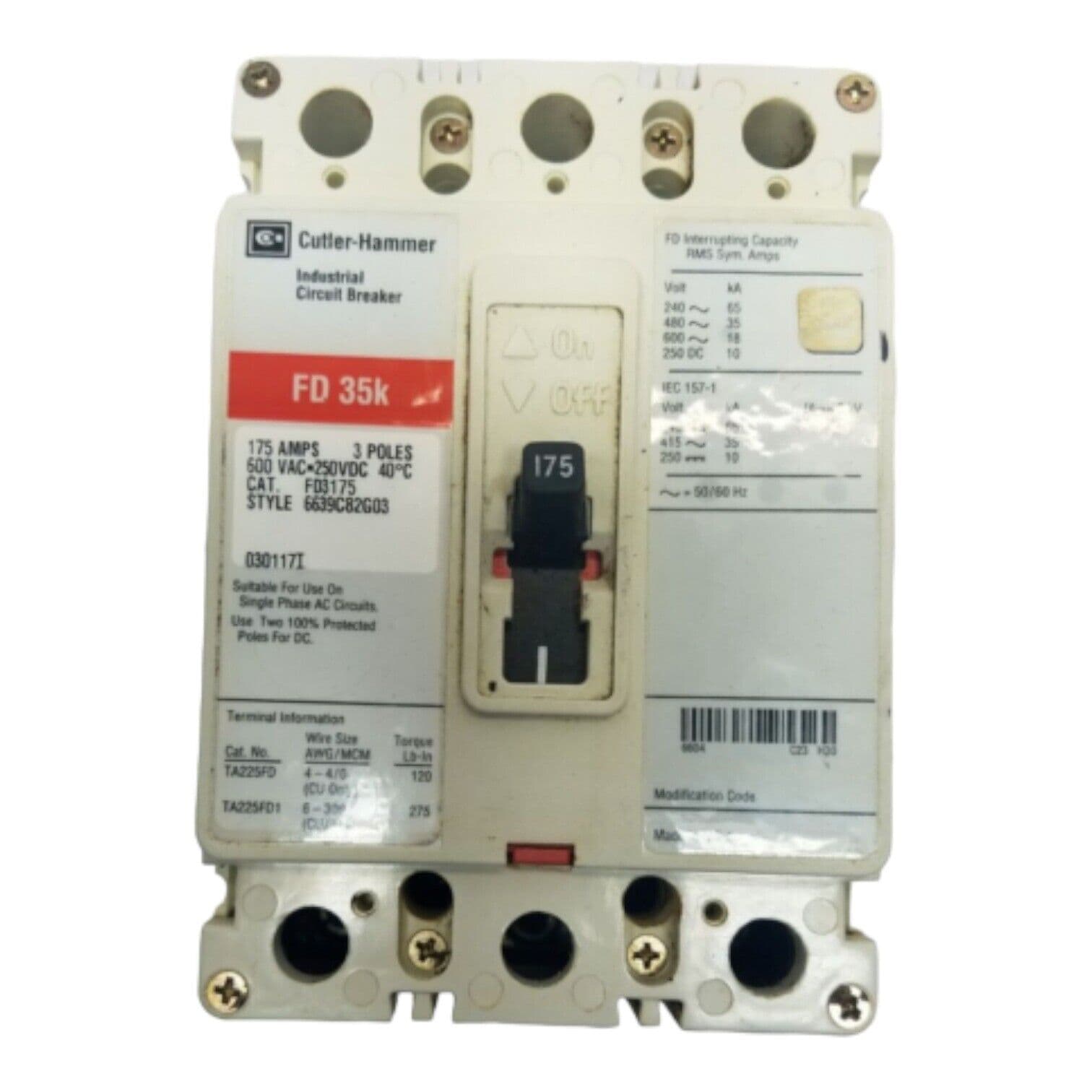 Cutler Hammer FD3175 Circuit Breaker 175A 3P 600V FD 35k 3 pole 175 Amp