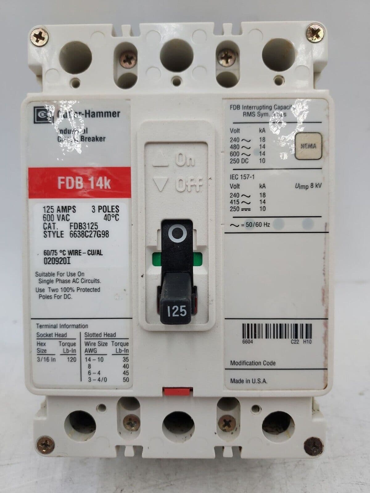 Eaton FDB3125 Circuit Breaker 125A 3P 600V 3PH FDB 14k 125 Amp 3 Pole – image 1