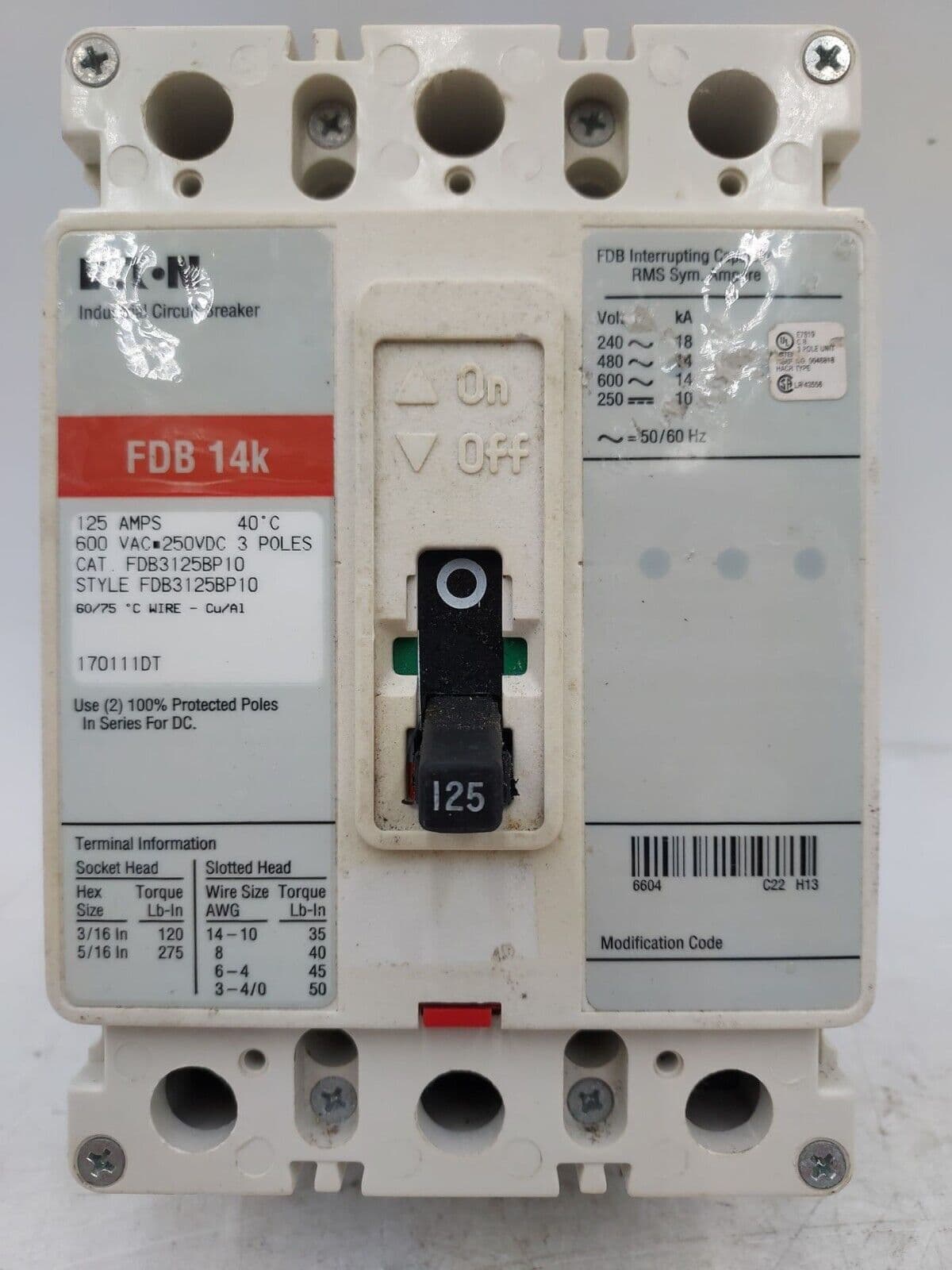 Eaton FDB3125BP10 Circuit Breaker 125A 600V 3P FDB 14k 125 Amp 3 POLE BOLT ON – image 1