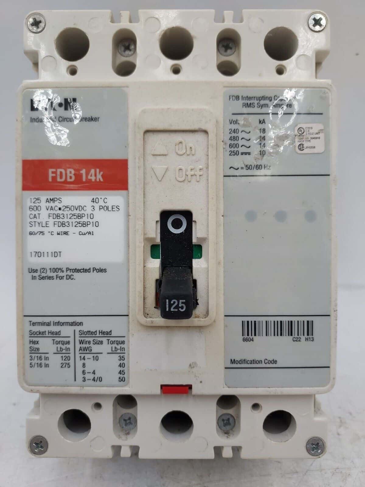 Eaton FDB3125BP10 Circuit Breaker — image 1 of 6