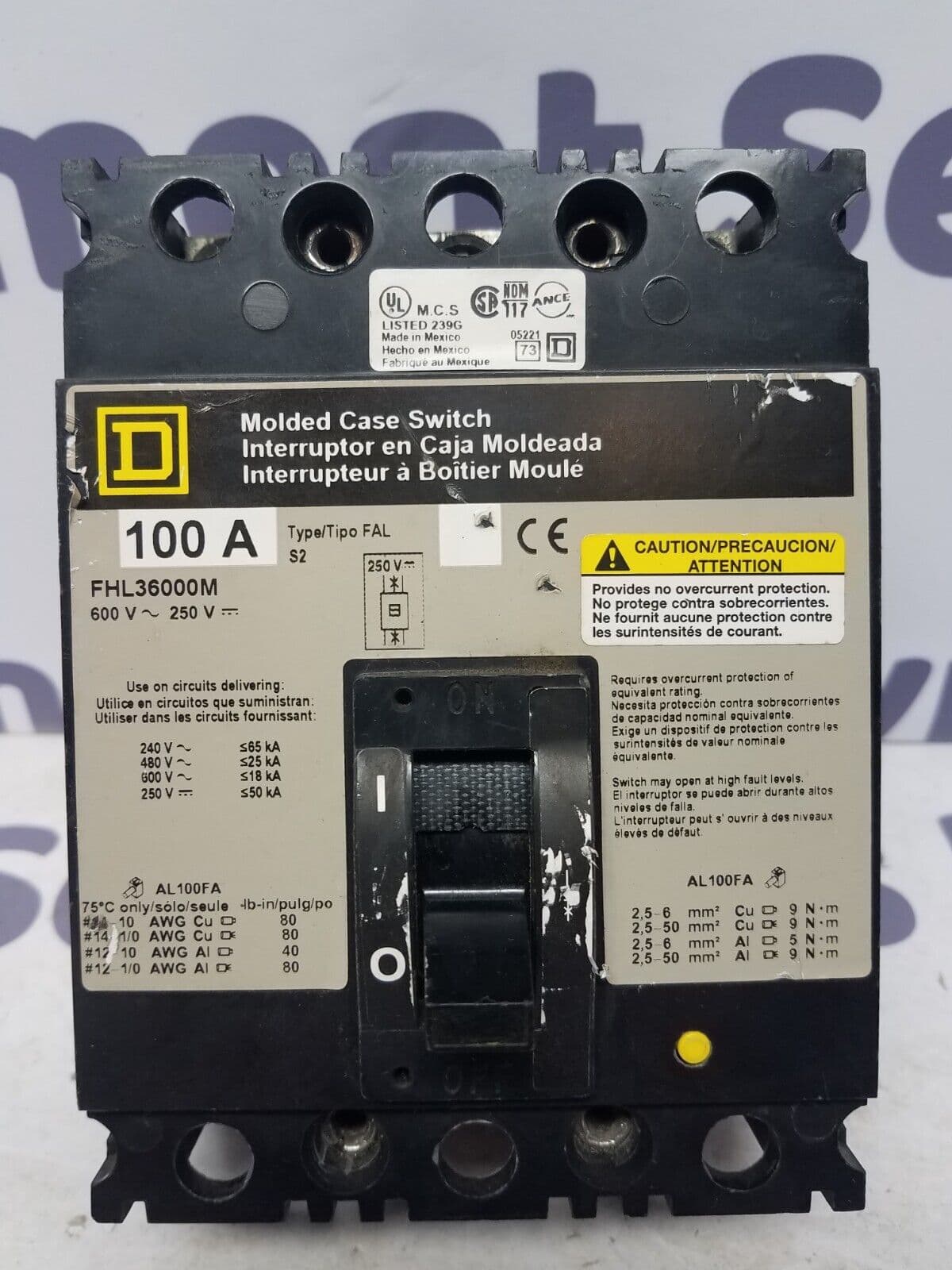 Square D FHL36000M Circuit Breaker 100A 3P 600V 3PH FHL 3 pole 100 Amp Used – image 1