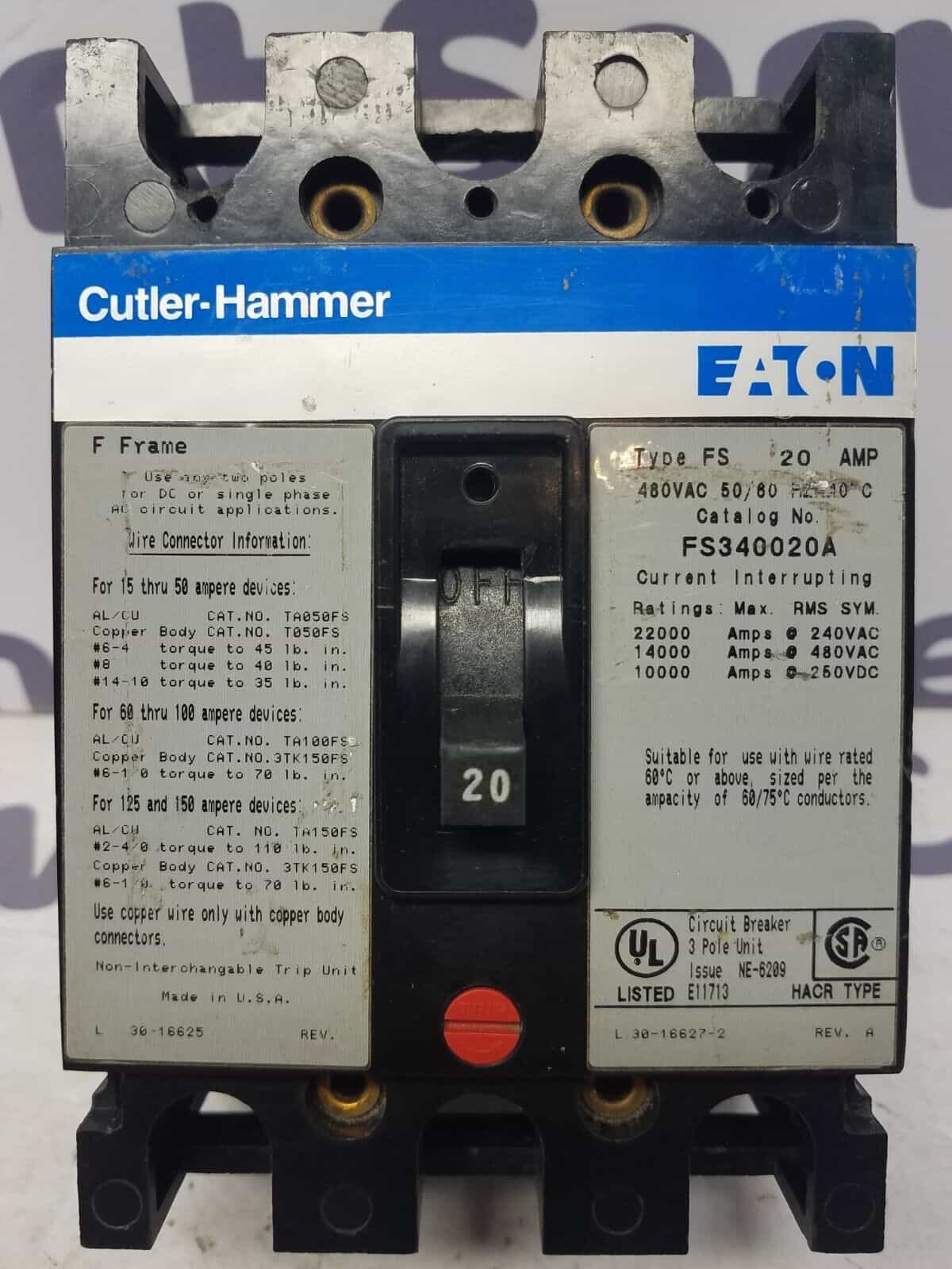 Cutler Hammer FS340020A Circuit Breaker 20A 3P 480V FS 3 Pole 20 Amp