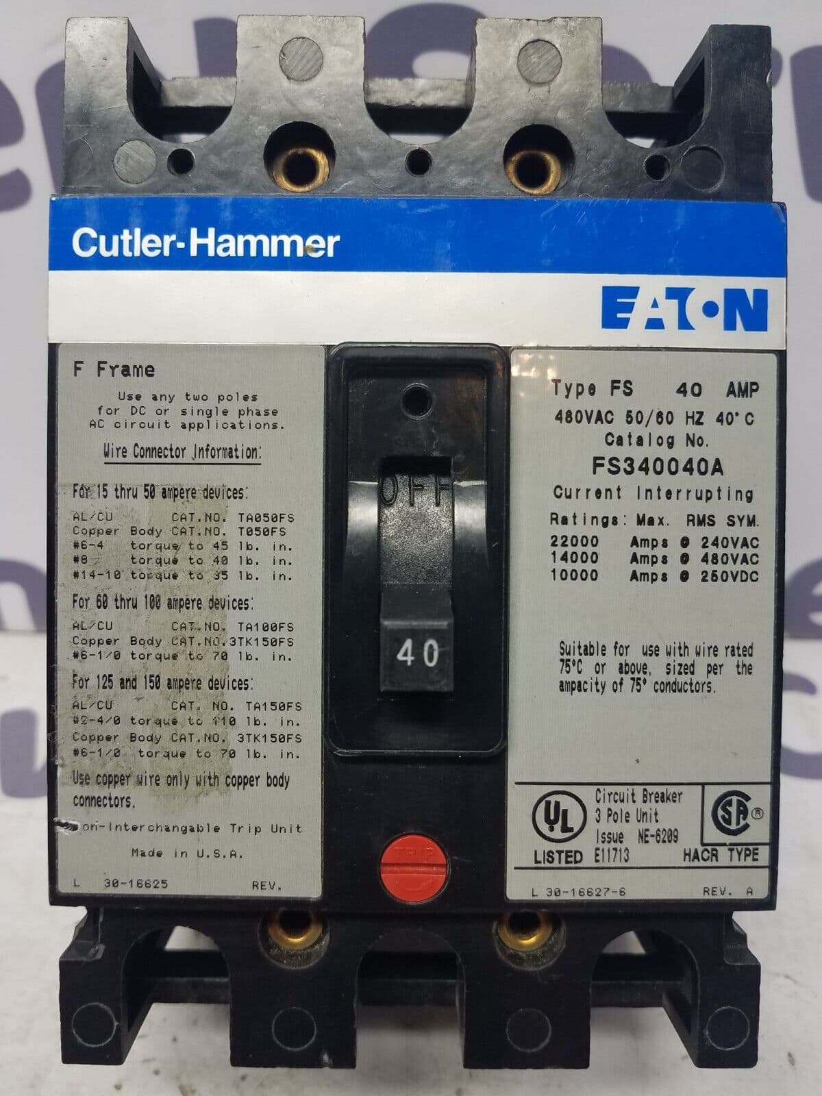 Cutler Hammer FS340040A Circuit Breaker 40A 3P 480V FS 3 pole 40 Amp – image 1