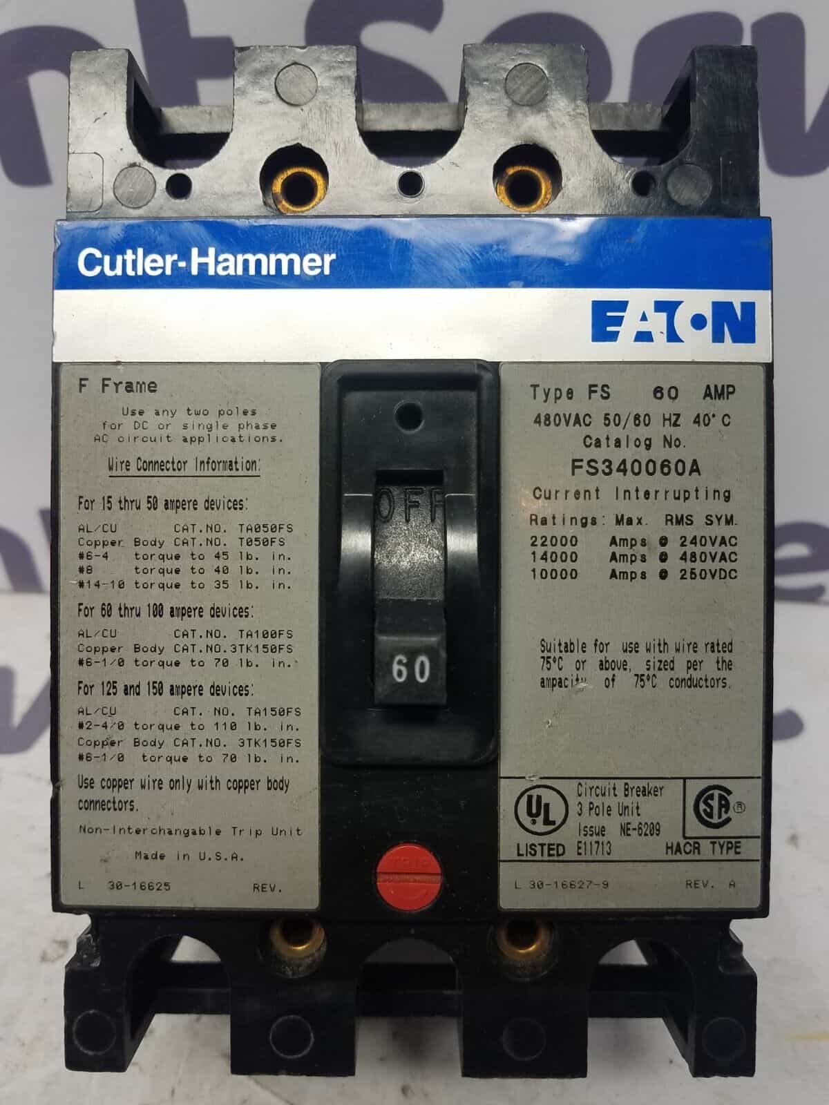 Cutler Hammer FS340060A Circuit Breaker 60A 3P 480V FS 3PH 3 pole 60 Amp