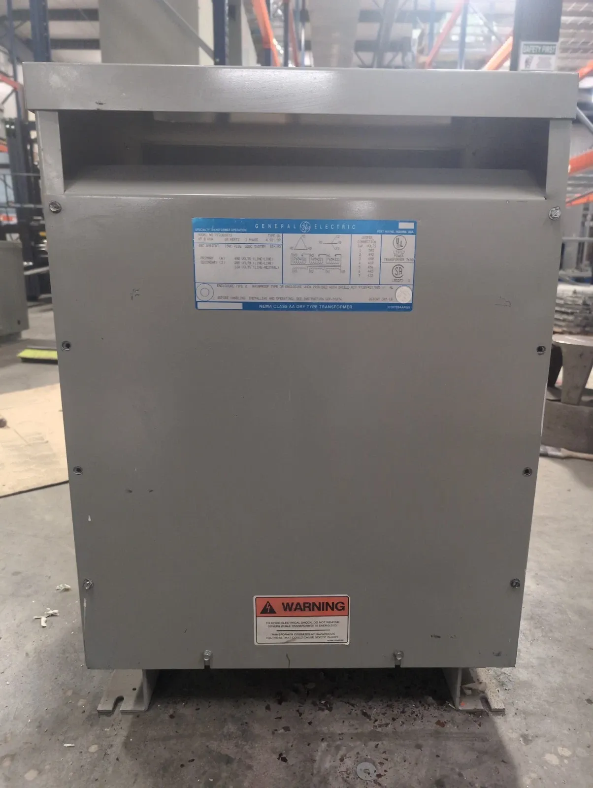 45 KVA GE 9T23B3873 Transformer Pri 480V Sec 208/120V 3PH Indoor QL Type 2 Encl