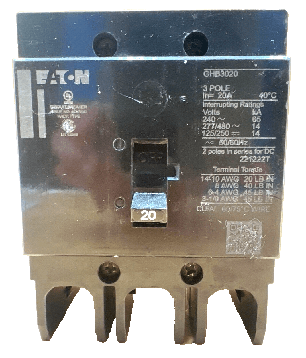 Eaton CH GHB3020 Bolt on Circuit Breaker 20A 480/277V 3P GHB 20 Amp 3 Pole – image 1