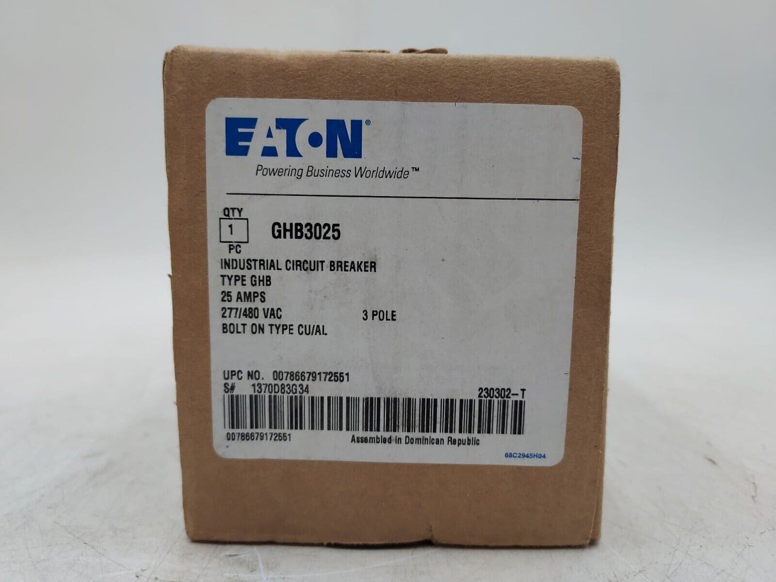 Eaton GHB3025 Circuit Breaker 25A 3P 480/277V GHB 25 Amp 3 POLES BOLT ON