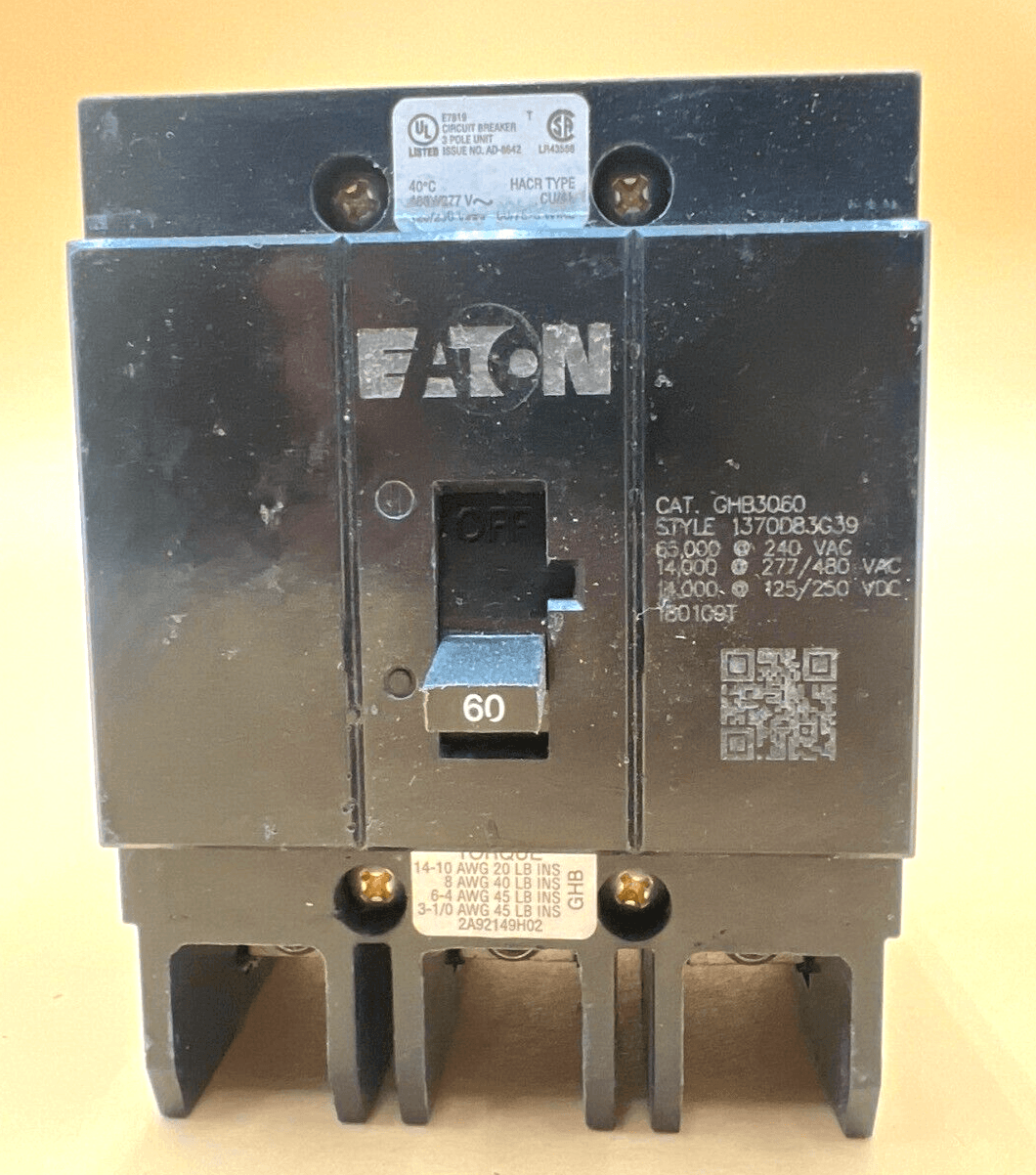 Cutler Hammer GHB3060 Bolt On Circuit Breaker 60A 480/277V 3P 60 Amp 3 Pole – image 1