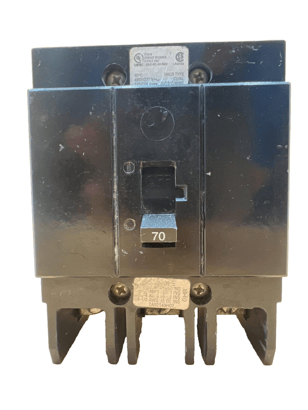 Cutler Hammer GHB3070 Bolt On Circuit Breaker 70A 480/277V 3P GHB 70 Amp 3 Pole – image 1