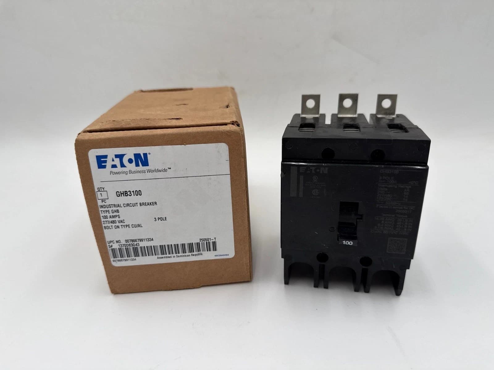 Eaton GHB3100 Circuit Breaker Bolt On 100A 277/480V 3P 14kA 100 Amp 3 Pole NEW – image 1