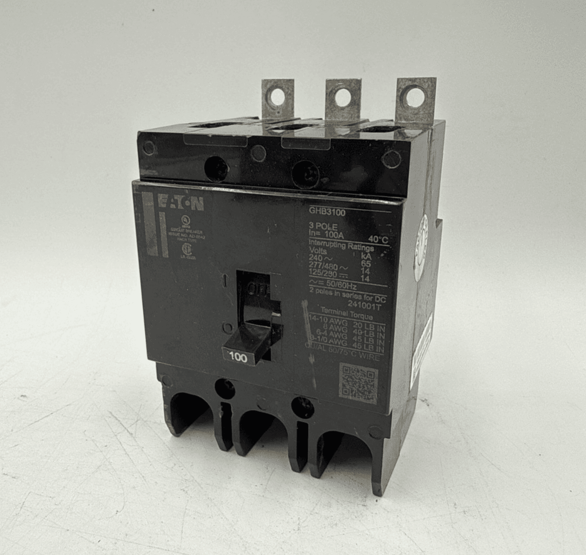 Eaton GHB 3100 Circuit Breaker 100A 277/480V 3P 14kA 100 Amp 3 Pole Bolt On – image 1