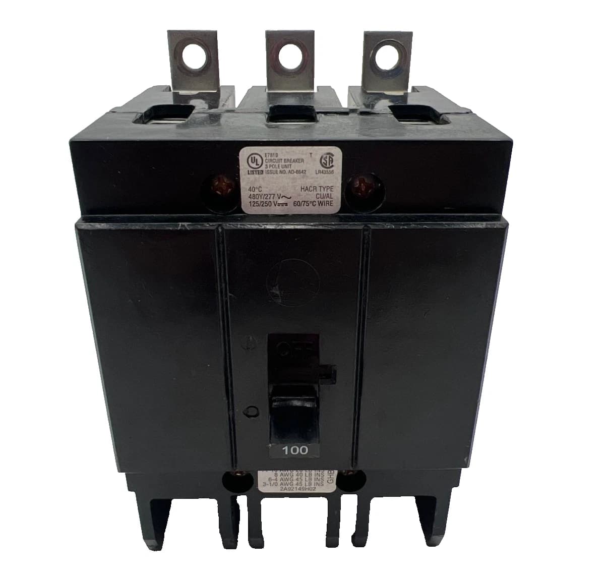 Cutler Hammer GHB3100 Bolt On Circuit Breaker 3 Pole 100 Amp 480v 3P 100A – image 1
