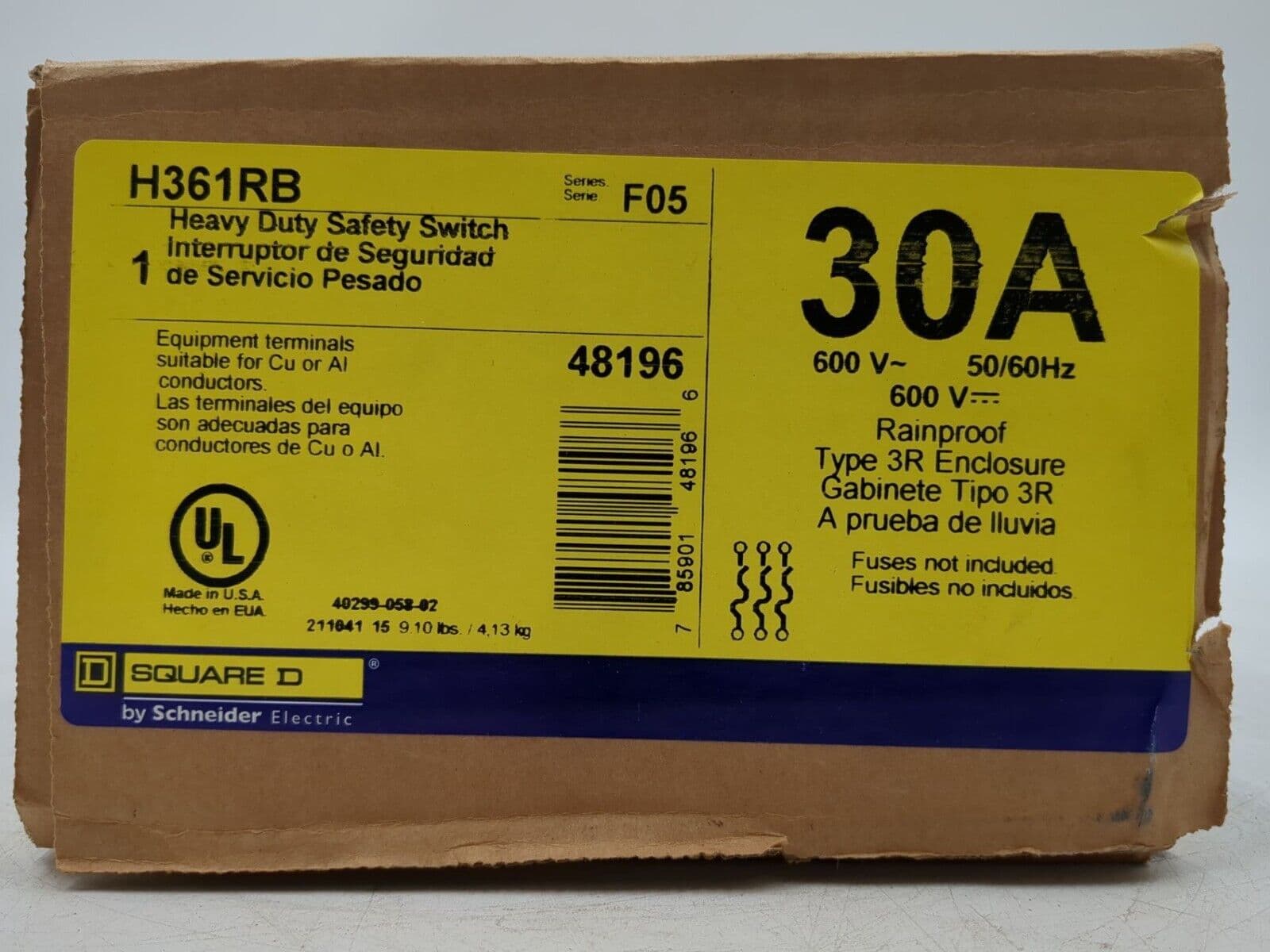 Square D H361RB Safety Disconnect Switch 30A 3P 600V Type 3R 30 Amp 600 VAC – image 1