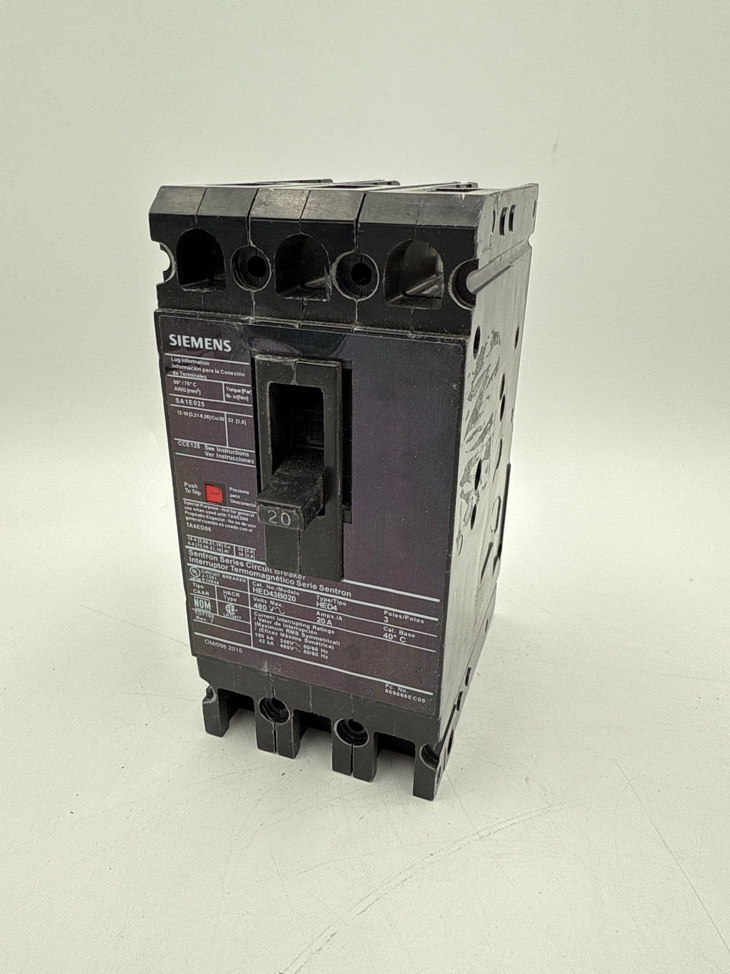 Siemens HED43B020 Circuit Breaker 20A 3P 480V 3PH HED4 20 Amp 3 Pole Black – image 1