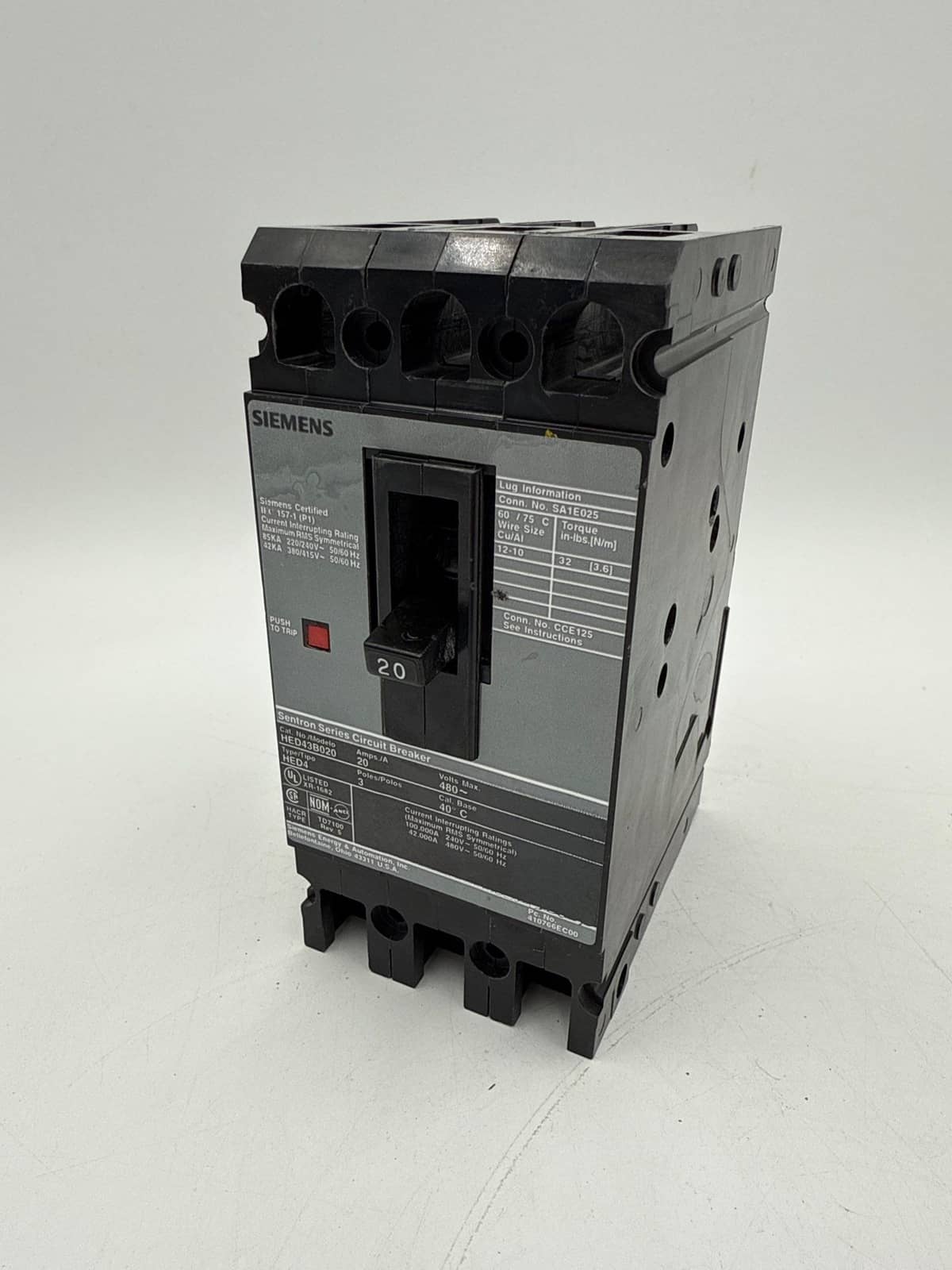 Siemens HED43B020 Circuit Breaker — image 1 of 9