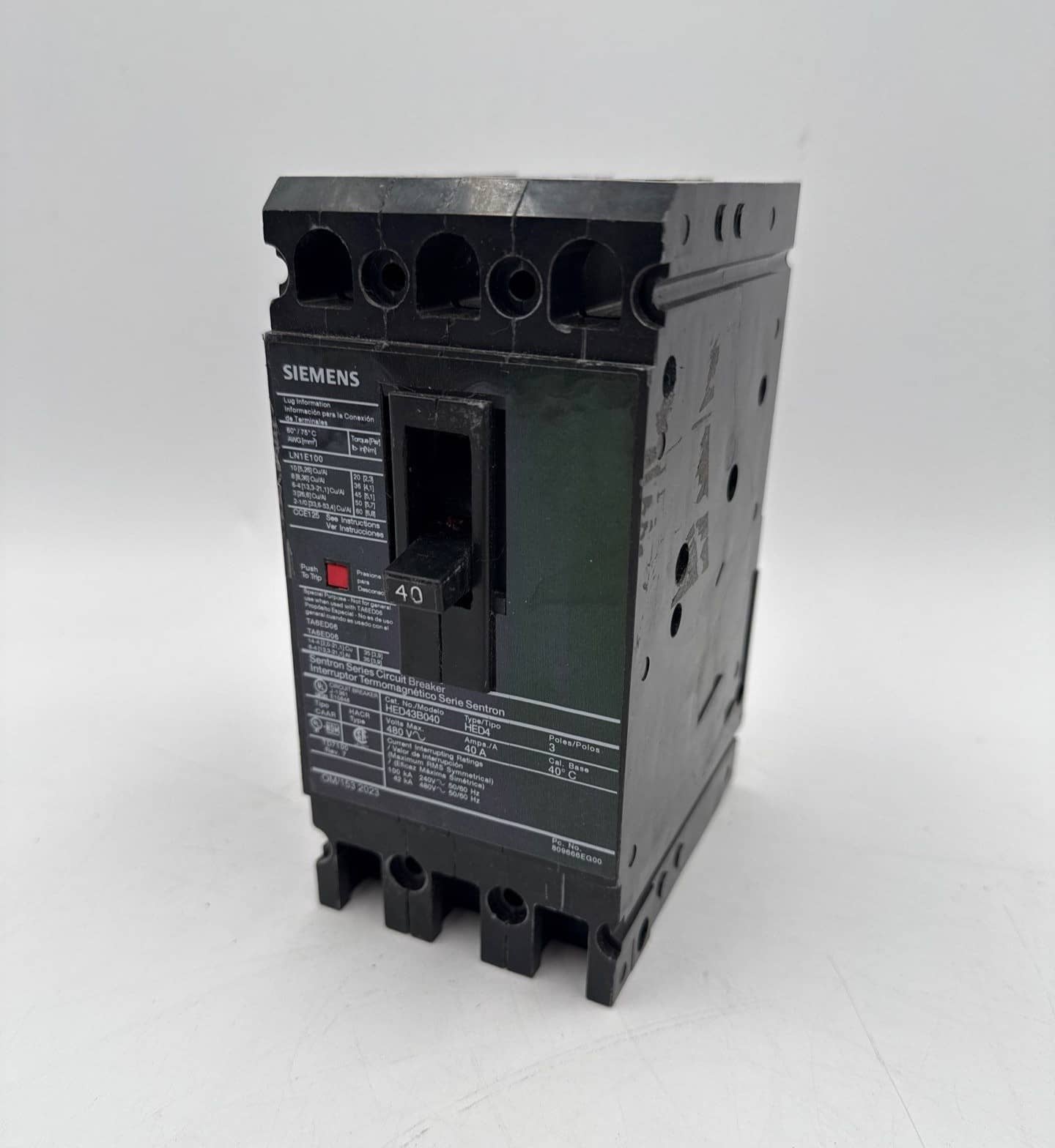 Siemens HED43B040 Circuit Breaker 40A 3P 480V HED4 40 Amp 3 Pole Bolt On