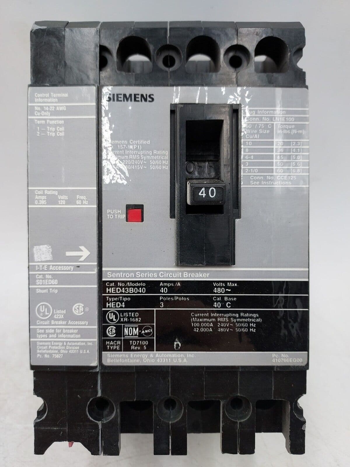 Siemens HED43B040 Circuit Breaker 40A 3P 480V w/S01ED60 Shunt Trip 40 Amp 3 Pole