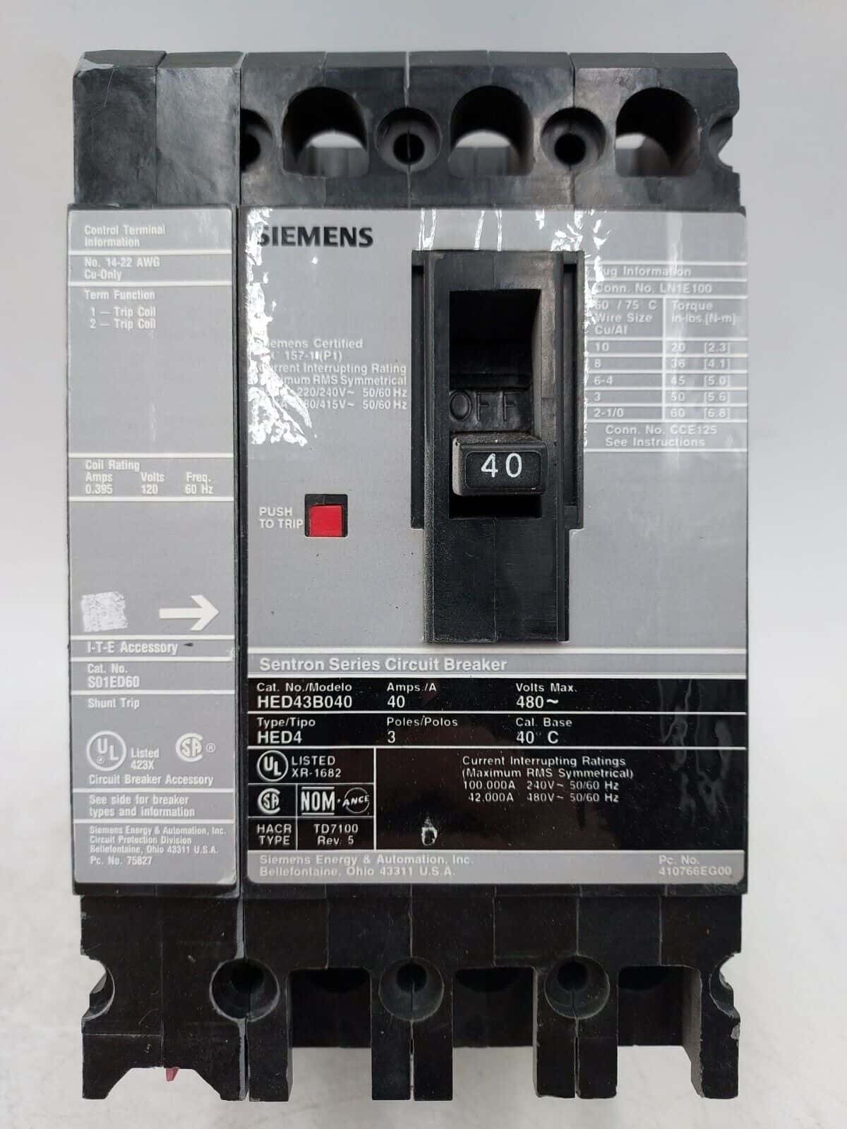 Siemens HED43B040 Circuit Breaker 40A 3P 480V w/S01ED60 Shunt Trip 40 Amp 3 Pole