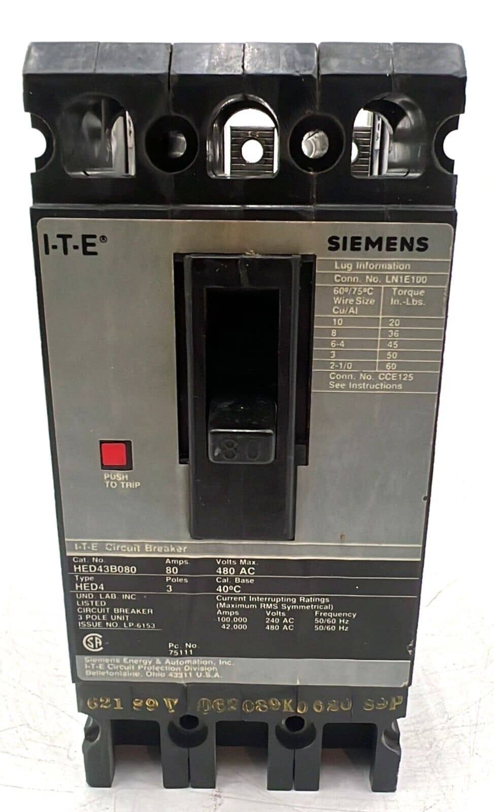 Siemens HED43B080 Circuit Breaker — image 1 of 7