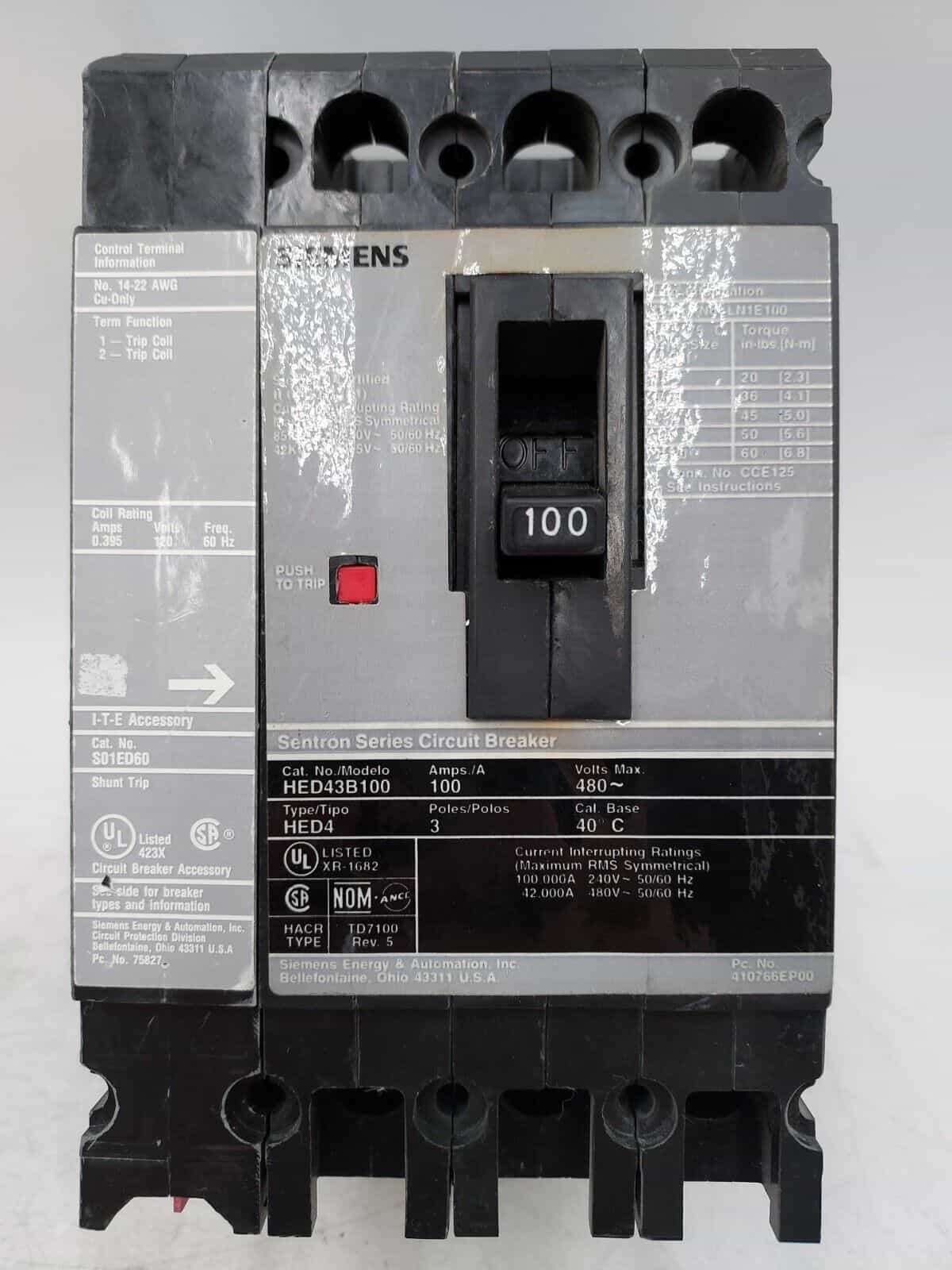 Siemens HED43B100 S01ED60 Circuit Breaker — image 1 of 6