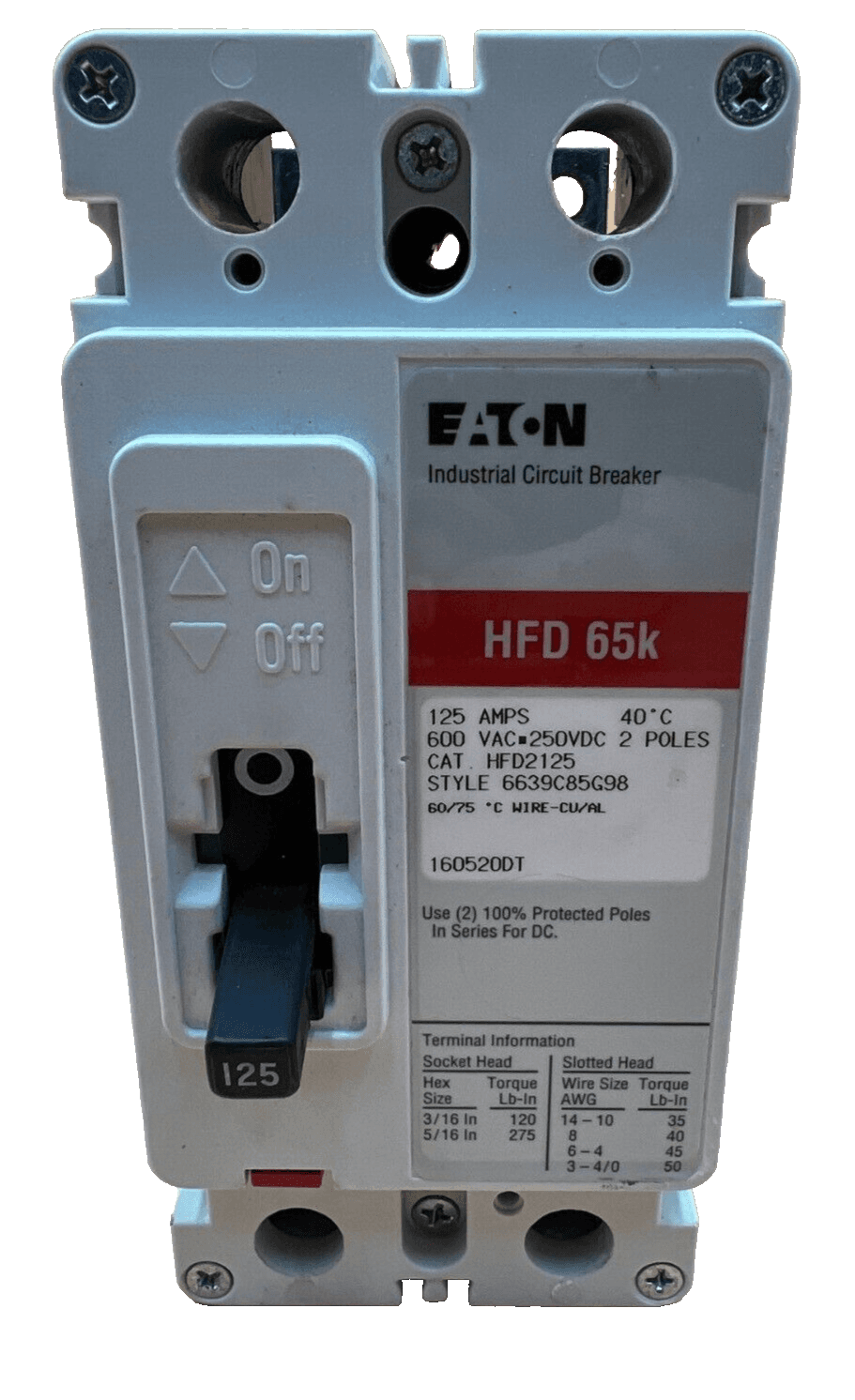 Eaton HFD2125 Circuit Breaker 125A 2P 600V 1PH Bolt on 125 Amp 2Pole Bolt On – image 1