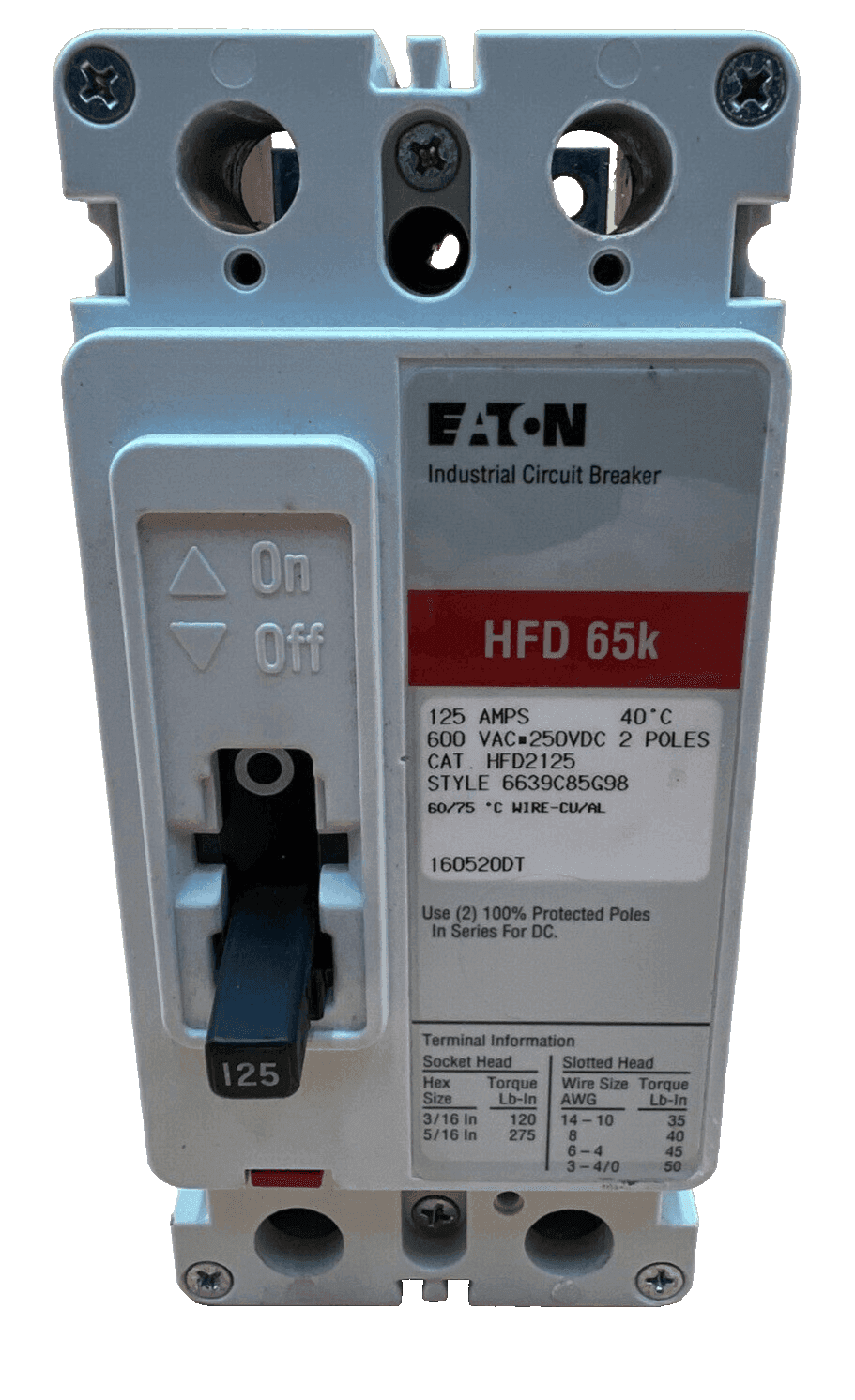 Eaton HFD2125 Circuit Breaker 125A 2P 600V 1PH Bolt on 125 Amp 2Pole Bolt On
