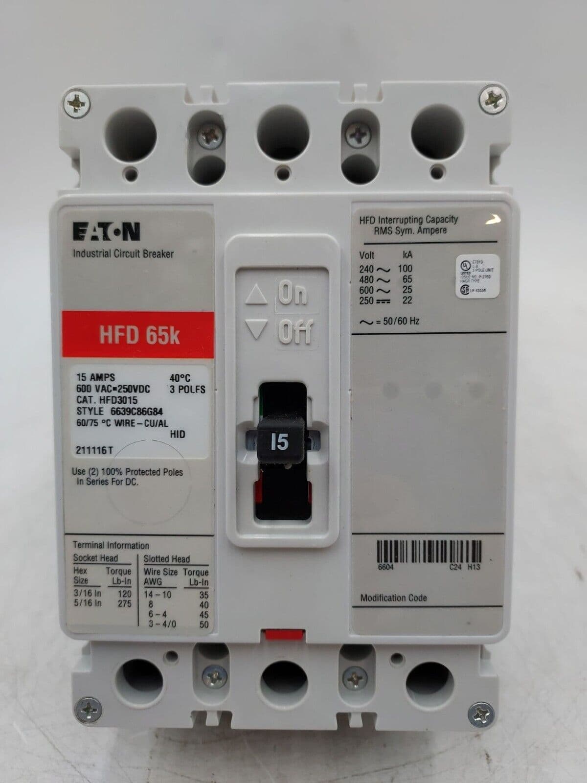 Eaton HFD3015 Circuit Breaker 15A 600V 3P HFD 65k 15 Amp 3 Pole – image 1