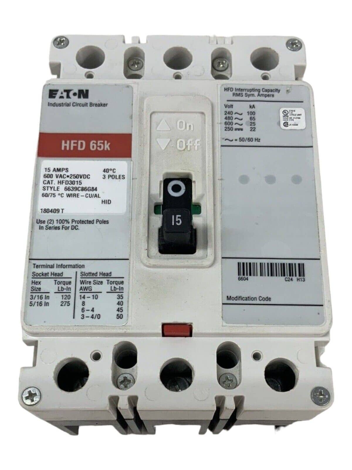 Eaton HFD3015 Circuit Breaker 15A 3P 600V 3PH HFD 65k 3 Pole 15 Amp