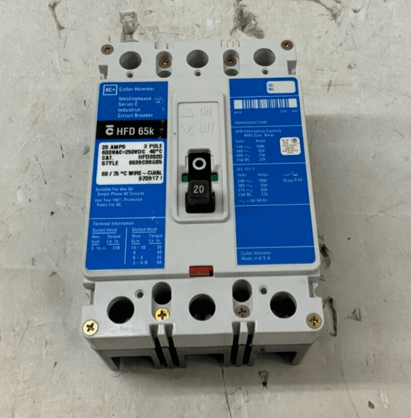 Cutler Hammer HFD3020 Circuit Breaker 20A 3P 600V 3PH HFD 65k 20 Amp 3 Pole – image 1