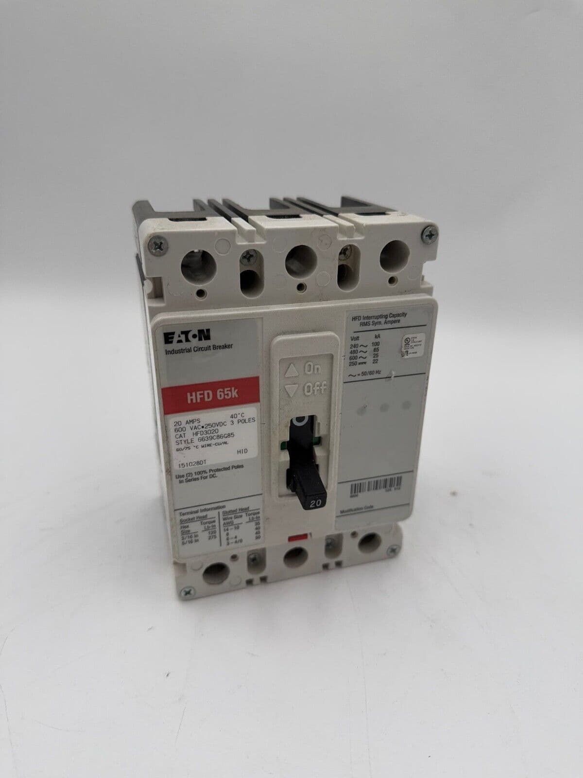 Eaton HFD3020 Circuit Breaker 20A 3P 600V 3PH HFD 65k Red 20 Amp – image 1