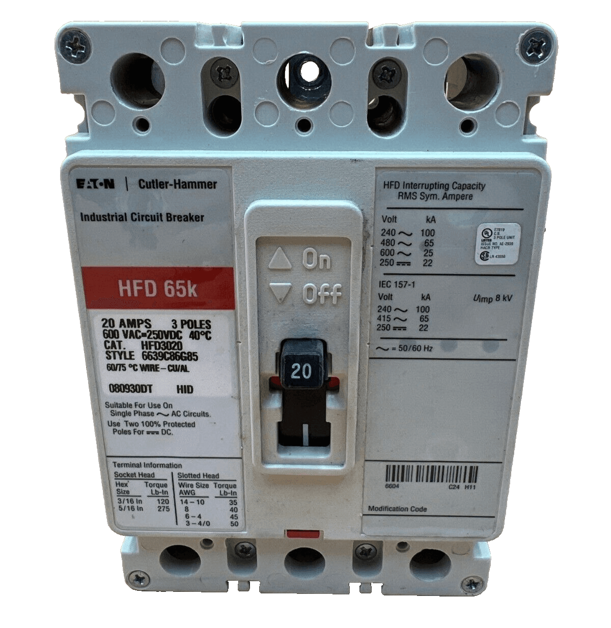 Eaton HFD3020 Circuit Breaker 20A 3P 600V 3PH HFD 65k Red 20 Amp 3 Pole