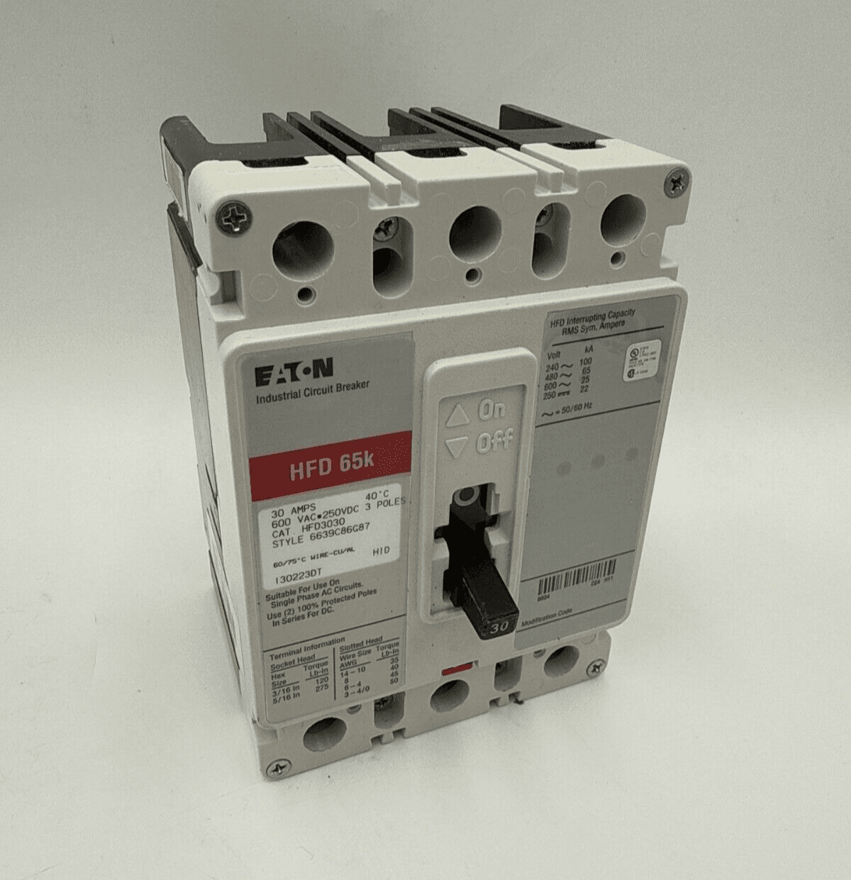 Eaton HFD3030 Circuit Breaker 30A 480V 3P 3PH HFD 65k 30 Amp 3 Pole