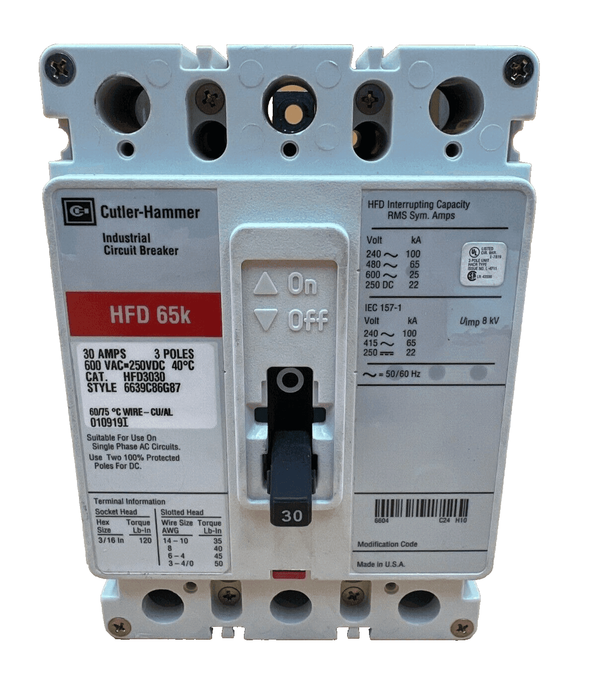 Cutler-Hammer HFD3030 Circuit Breaker 30A 480V 3P HFD 65k 30 Amp 3 Pole
