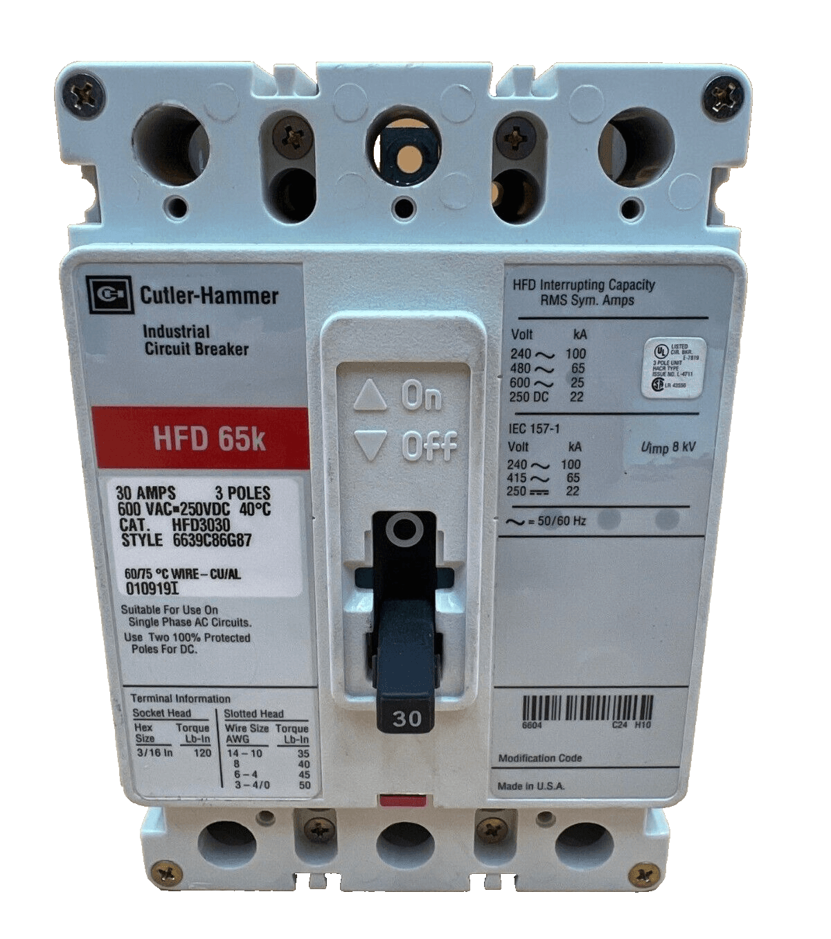 Cutler-Hammer HFD3030 Circuit Breaker 30A 480V 3P HFD 65k 30 Amp 3 Pole – image 1