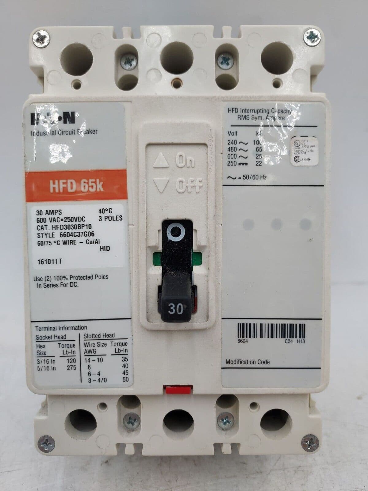 EATON HFD3030BP10 Circuit Breaker 30A 3P 600V 3PH HFD 65k 30 Amp 3 Pole – image 1