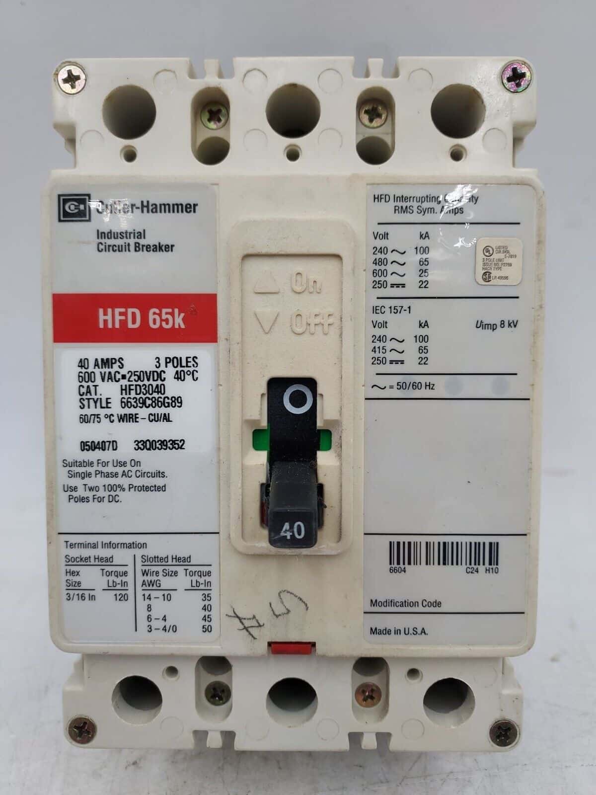 Eaton HFD3040 Circuit Breaker — image 1 of 6