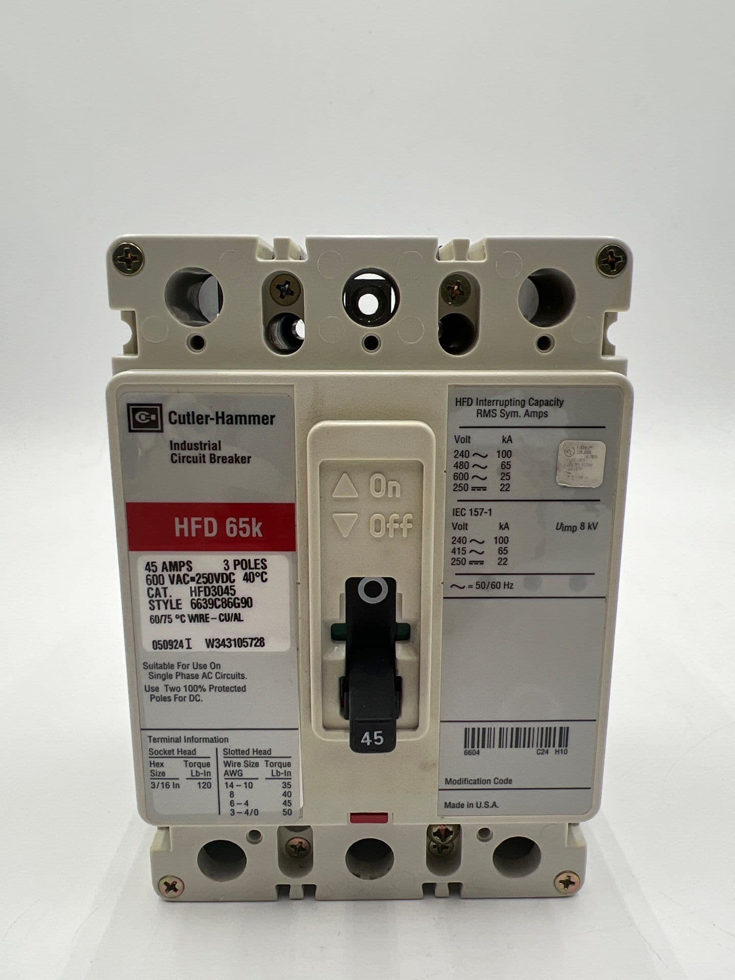 Cutler Hammer HFD3045 Circuit Breaker 45A 3P 600V 3PH HFD 65k 45 Amp 3 Pole