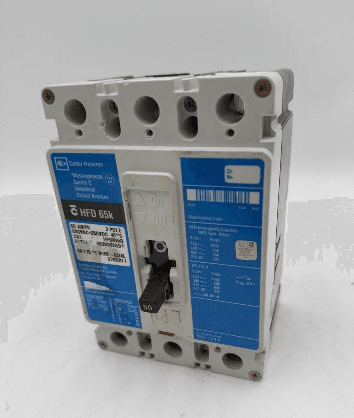 EATON CH HFD3050 Circuit Breaker 50A 3P 600V 3PH HFD 65k 50 Amp 3 Pole