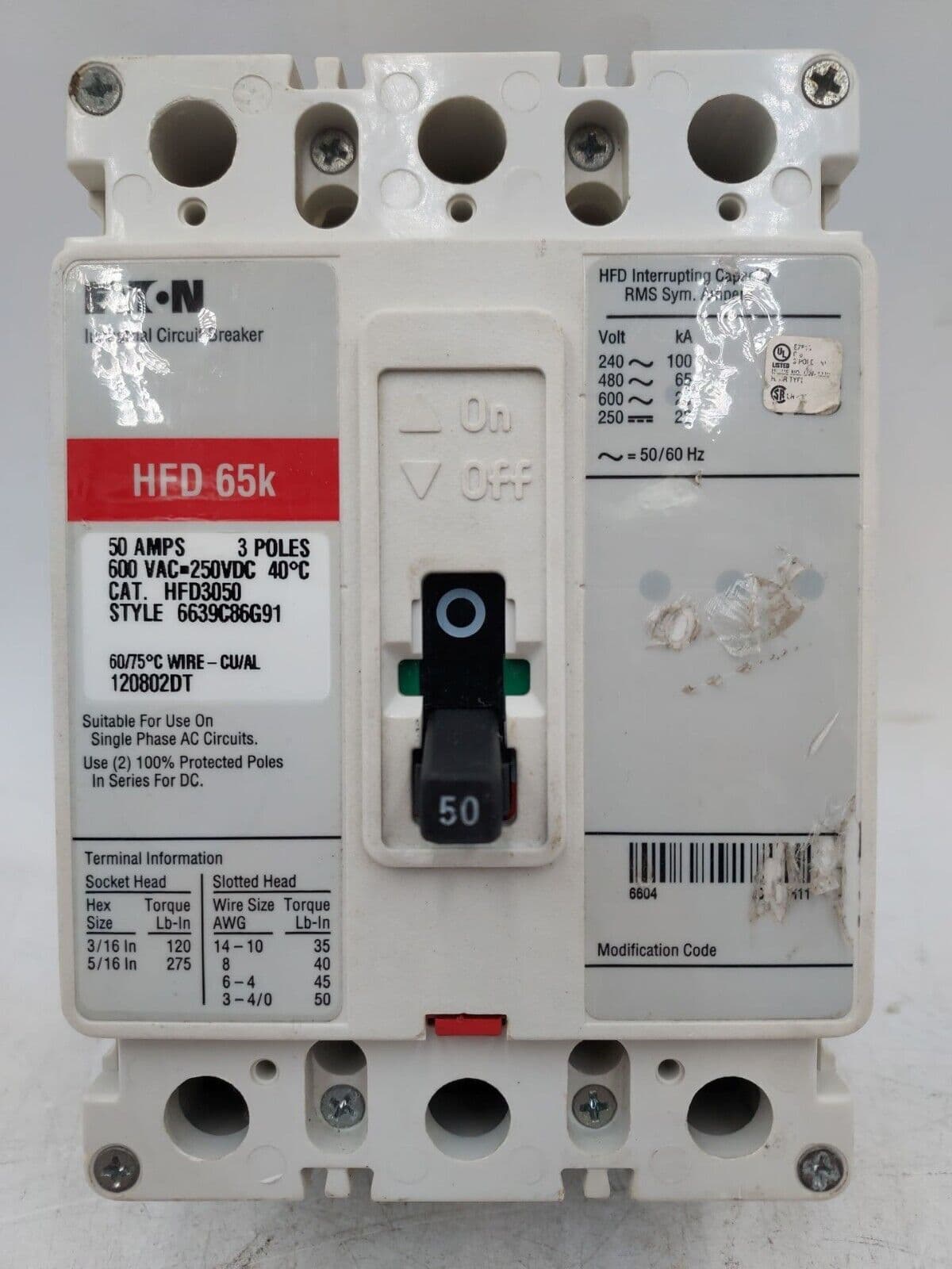 EATON CH HFD3050 Circuit Breaker 50A 3P 600V 3PH HFD 65k 50 Amp 3 POLE – image 1
