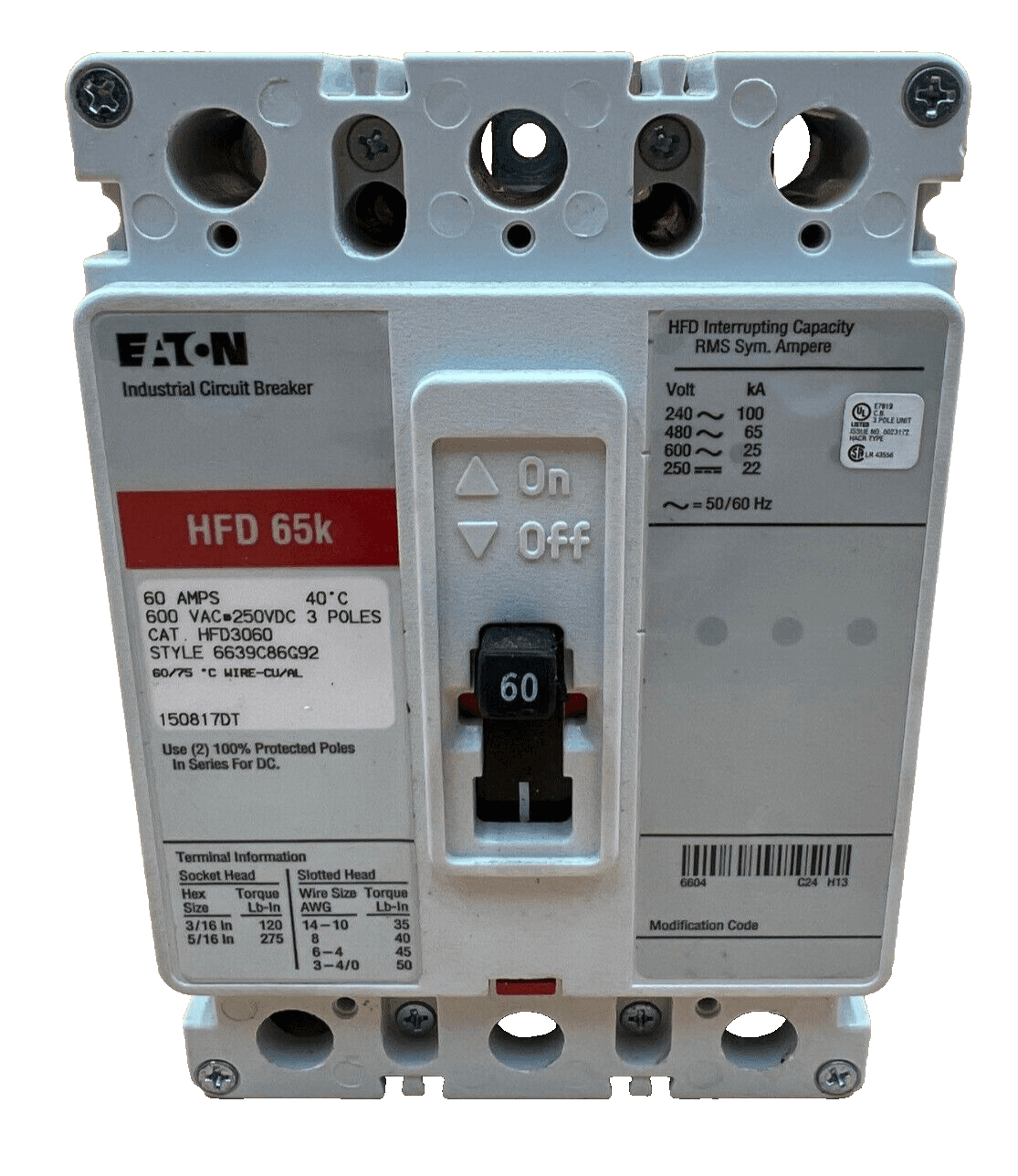 Eaton HFD3060 Circuit Breaker 60A 3P 600V 3PH FHD 65k 60 Amp 3 Pole – image 1