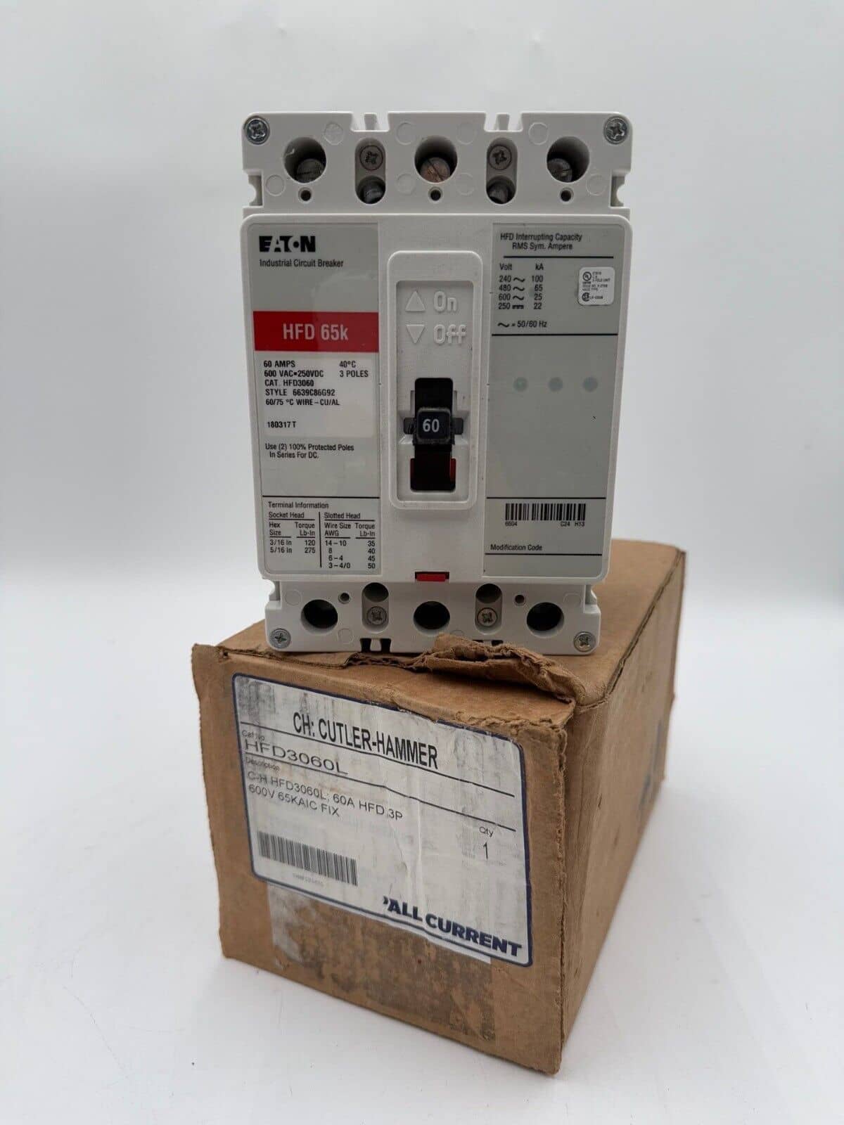 Cutler-Hammer HFD3060L Circuit Breaker 60A 3P 600V HF 65k 60 Amp 3 Pole