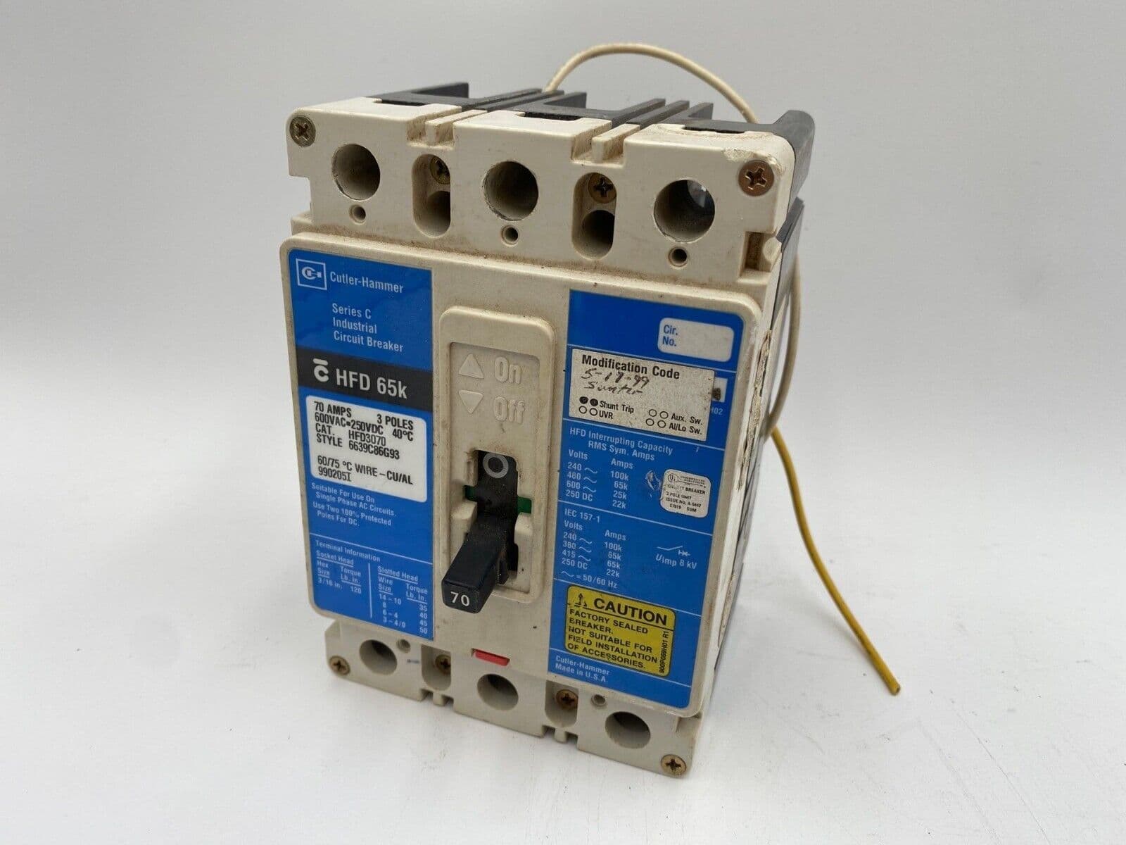 Eaton HFD3070 Circuit Breaker 70A 3P 600V 3PH HFD Bolt On 70 Amp Shunt – image 1