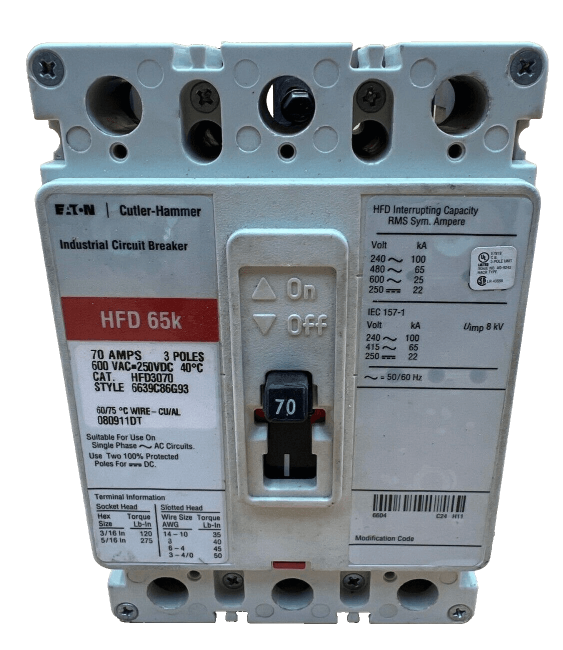 Eaton HFD3070 Circuit Breaker 70A 3P 600V 3PH 70 Amp 65k 3 Pole