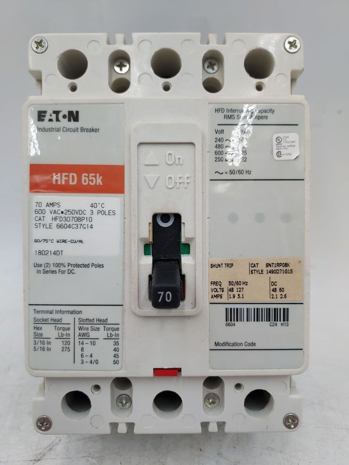Eaton HFD3070BP10 Circuit Breaker 70A 3P 600V 70 Amp Shunt Trip – image 1