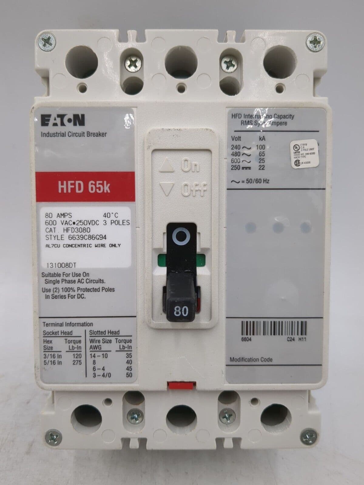 Eaton HFD3080 Circuit Breaker 80A 3P 600V 3PH HFD 65k 80 Amp 3 Pole – image 1